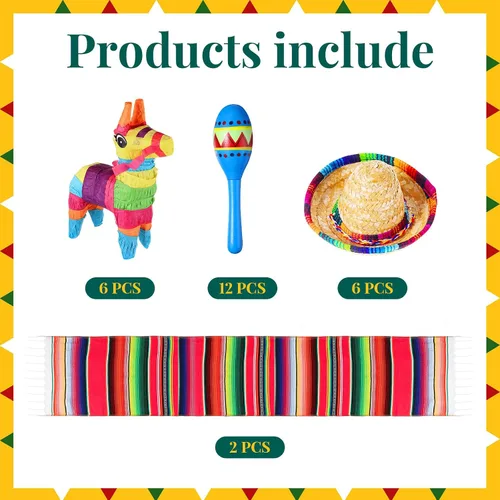 Miniatura 2 de Libima 26 decoraciones de fiesta mexicanas incluyen 6 burros, 12 maracas grandes para fiestas, 2 caminos de mesa de serape, 6 sombreros