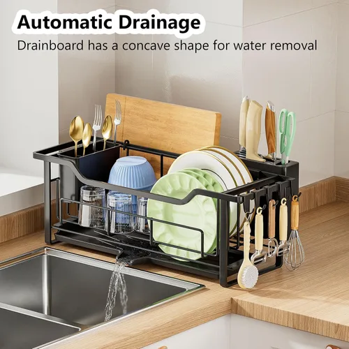 Miniatura 2 de AIDERLY Escurridor estrecho de platos para encimera de cocina, drenaje automático, escurridor de platos de hierro con cesta extraíble