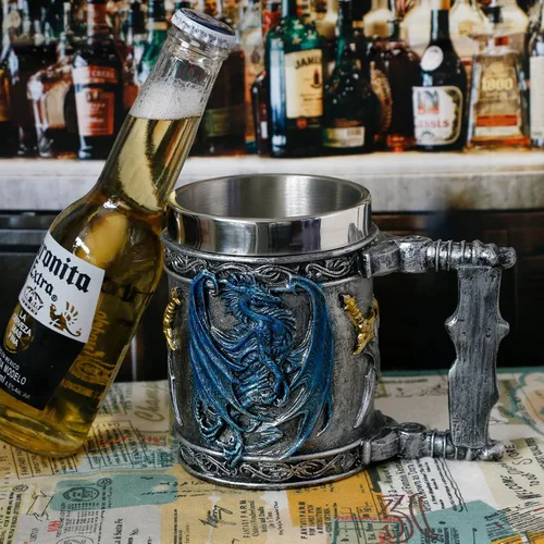 Miniatura 9 de Taza medieval de dragón azul D&D Game Mug of Throne Merchandise Beer Steins Viking Tankard Taza de café de acero inoxidable Tazas de regalo