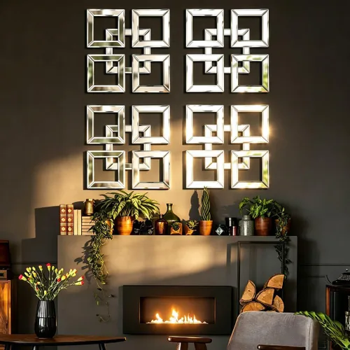 Miniatura 5 de QMDECOR Espejo plateado para decoración de pared de 16 x 16 pulgadas, espejo decorativo moderno de moda para montar en pared, diseño cuadrado