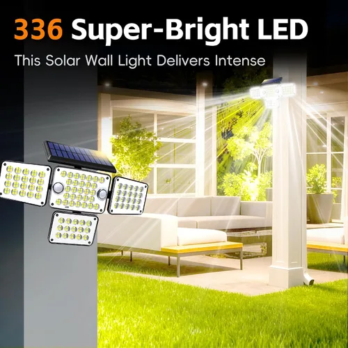Miniatura 2 de Luces solares para exteriores 336 LED, luz de pared de seguridad con sensor de movimiento con control remoto, diseño ajustable de 4 cabezales
