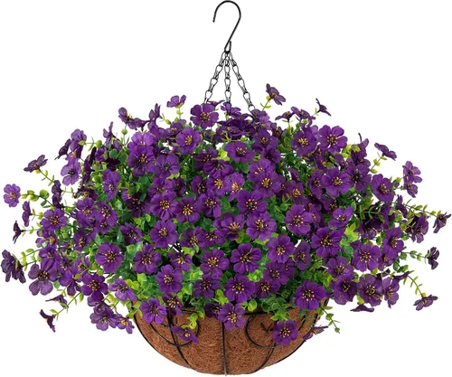 Miniatura 12 de HyeFlora Plantas Colgantes Artificiales Falsas con Flores y Cesta para Decoración Exterior, Arreglos Florales de Seda Sintética de Margaritas