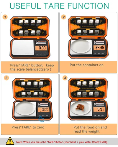 Miniatura 4 de ORIA Báscula digital de bolsillo, 17.64 oz/0.00 oz de alta precisión de gramos con peso de calibración de 1.76 oz, función de tara, 6 unidades, mini