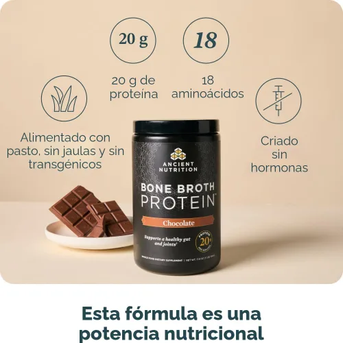 Miniatura 2 de Ancient Nutrition Proteína en polvo hecha de verdadero caldo de huesos, sabor chocolate, 20 g de proteína por porción, envase de 20 porciones