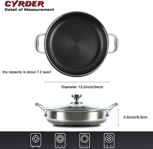 Miniatura 2 de Gran sartén de freír profunda híbrida antiadherente - 13 pulgadas 316L de acero inoxidable con tapa y asa de dos mangos, libre de PFOA, apta