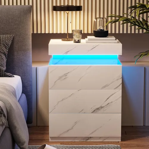 Miniatura 9 de ADORNEVE Mesita de noche con estación de carga y luces LED, mesa auxiliar con parte superior deslizante, mesa de noche con cajones, mesa lateral