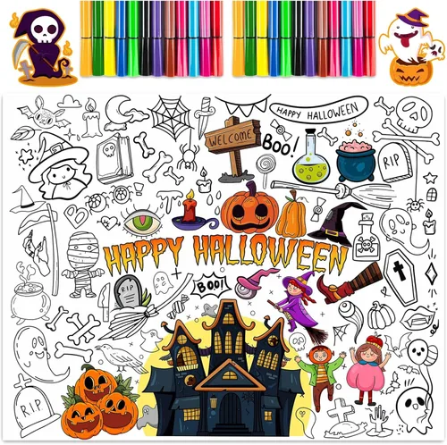 Póster gigante de Halloween para colorear con 24 bolígrafos de pintura, 31.5 x 39.37 pulgadas, póster para colorear jumbo con calabaza, enorme papel