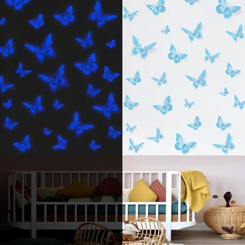 SAOROPEB - Calcomanía 3D de mariposa que brilla en la oscuridad, 24 unidades, 3 tamaños, para decorar techo o pared, suministros de fiesta,