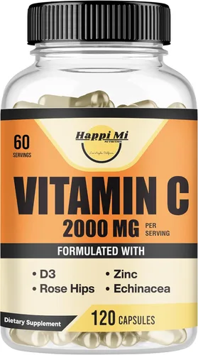Vitamina C 2000 mg por porción con zinc 40 mg y vitamina D3 5000 UI - Extracto de equinácea y rosa mosqueta - 120 cápsulas veganas, suministro para