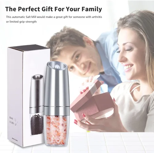 Miniatura 6 de EasyCom Gravity - Molinillo de sal y pimienta, funciona con pilas con luz LED, grosor ajustable, molinillo de pimienta automático con una mano