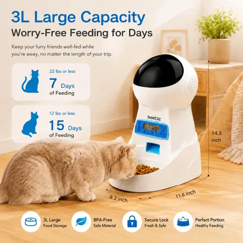 Miniatura 4 de Iseebiz Comedero automático para gatos, 101 onzas/3 L para alimentos secos con diseño antiobstrucciones, hasta 4 comidas con control de porciones