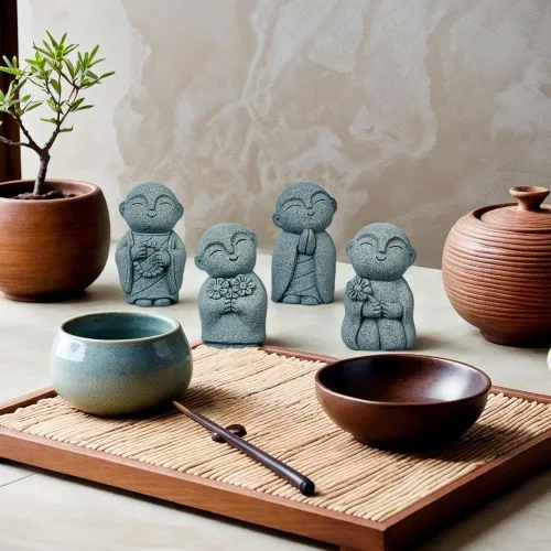 Miniatura 4 de livelyfish Mini estatua de monje japonés de Buda Feng Shui, estatuas de monje rezando, esculturas de piedra arenisca para pecera, acuario