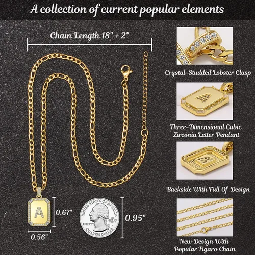 Miniatura 6 de Collares con inicial de oro para mujer, collar con letras para mujeres y niñas, collar rectangular con monograma de letras, chapado en oro de 18