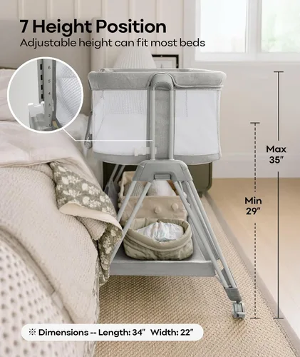 Miniatura 6 de Fodoss Moisés para bebé con ruedas, bandeja de almacenamiento, malla de 4 lados, 7 alturas ajustables, color beige