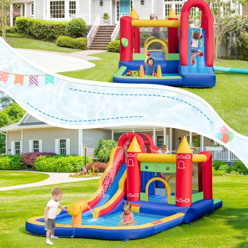 Miniatura 7 de HONEY JOY Tobogán acuático inflable, casa de rebote de tobogán acuático 9 en 1 con piscina de salpicaduras, tobogán largo, pozo de bolas con 50