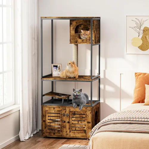 Miniatura 4 de Lamerge Árbol para gatos con caja de arena, caja de arena grande todo en 1, condominio para gatos con postes rascadores y cuenco de alimentación
