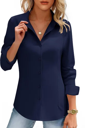Miniatura 17 de HOTOUCH Camisas de mujer con botones de manga larga, camisa de vestir ajustada, blusas de trabajo, cuello, elegantes, casuales, de negocios