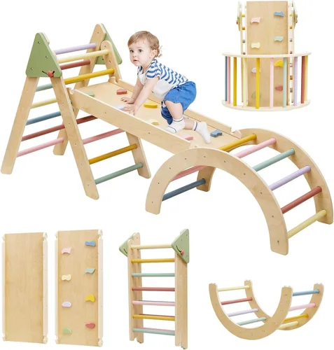 Pikler - Juego de escalada triangular plegable de madera 7 en 1, juguetes Montessori para niños pequeños de 1 a 3 años, gimnasio de selva para