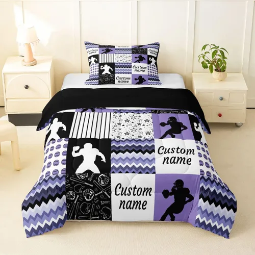 Miniatura 3 de Juego de edredón de softbol personalizado, juego de ropa de cama de retazos a cuadros para niños y niños, edredón de bate de béisbol, juego