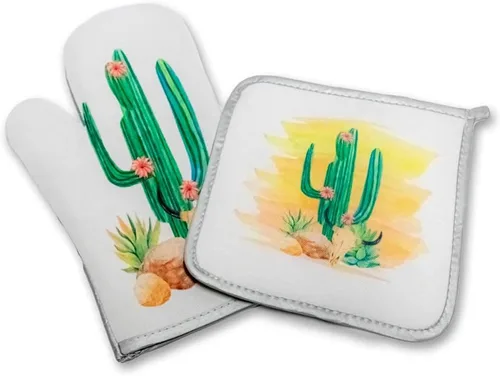 Juego de manoplas decorativas de cocina con soporte para ollas y horno, cactus del desierto, puesta de sol, verde, naranja, rosa, amarillo, verde,