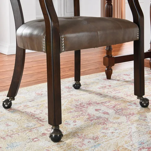 Miniatura 7 de Juego de 8 sillas de cuero de comedor con ruedas y brazos, silla de capitán Accent con ruedas, sillas de madera con ruedas enrollables para cocina