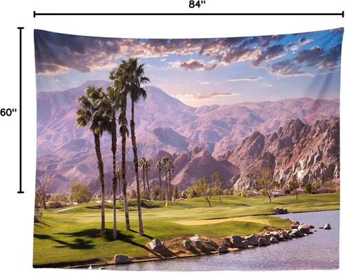 Miniatura 8 de Telón de fondo de tela de 7 x 5 pies, montañas del desierto, campo de golf, telón de fondo para fotos, palmera, crepúsculo, río, puesta de sol