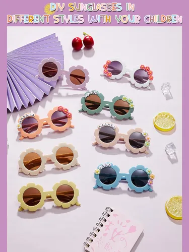 Miniatura 5 de Dunzy 10 pares de lentes de sol redondos de flores para niños, gafas de bricolaje para exteriores, con 50 margaritas, 100 cuentas de letras al azar