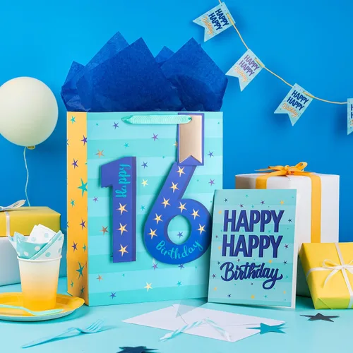 Miniatura 2 de Loveinside Bolsa de regalo azul de cumpleaños con papel de seda, etiqueta de regalo y tarjeta de felicitación para niños, adolescentes, fiestas