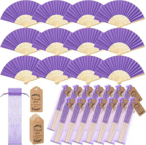 Miniatura 10 de Roowest Paquete de 50 abanicos plegables de papel hechos a mano con bolsas de regalo, tarjeta de agradecimiento, ventilador plegable de mano de Beige