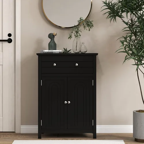 Miniatura 5 de Giantex Armario de almacenamiento de baño con cajón, armario de piso con puertas, estante ajustable, organizador de almacenamiento para entrada