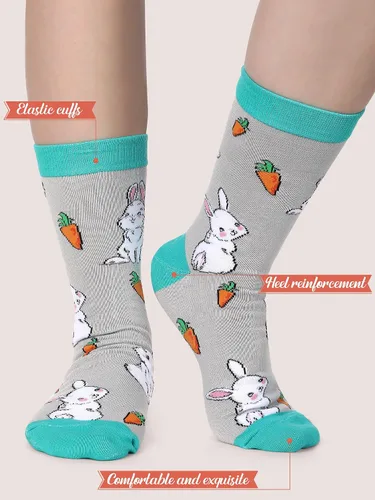 Miniatura 2 de Jenaai 6 pares de calcetines de Pascua para adultos, calcetines estampados novedosos con diseño de conejo, zanahoria, huevo, pollito para regalo