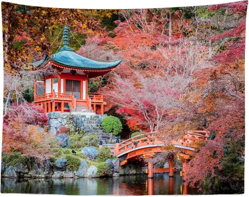 Miniatura 5 de BELECO Telón de fondo japonés, 5 x 3 pies, templo japonés Daigo-ji, ciudad de Kioto, otoño, arces rojos, paisaje, río, puente de jardín, telón
