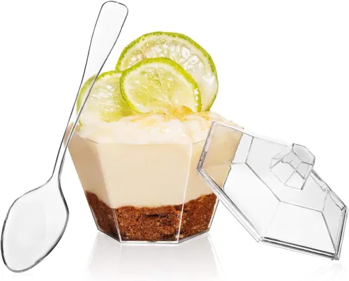 Miniatura 5 de Oasis Creations Mini tapas y cucharas hexagonales incluidas, 3.3 onzas, 40 unidades, plástico transparente, seis caras, taza de flores, taza