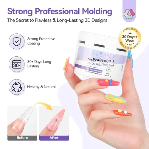 Miniatura 3 de SAVILAND 60 g Gel de uñas 3D: Escultura de arte de uñas en gel 3D moldeado fuerte Blanco Gel de escultura sin necesidad de limpieza para extensión
