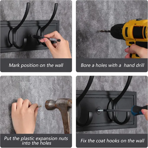 Miniatura 6 de HOME MASTER HARDWARE Perchero de pared negro, ganchos de pared de MDF para colgar abrigos, estante decorativo para sombreros de 27" para pared con 5