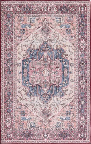 Miniatura 3 de SAFAVIEH Tucson Collection - Alfombra lavable de 2 pies 6 x 8 pies, color beige y rosa, antideslizante, ideal para zonas de alto tráfico en sala