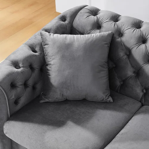 Miniatura 5 de KEIKI Sofá Chesterfield de terciopelo de lujo de gran tamaño de 81 pulgadas con decoración de acero inoxidable dorado, sofá de 3 plazas