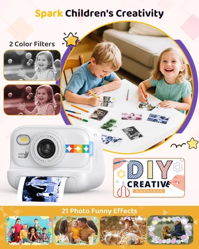 Miniatura 3 de Cámara de impresión instantánea en color para niños – Cámara para niños con 5 hojas de papel fotográfico de color, 48MP y video 1080P, 21 marcos