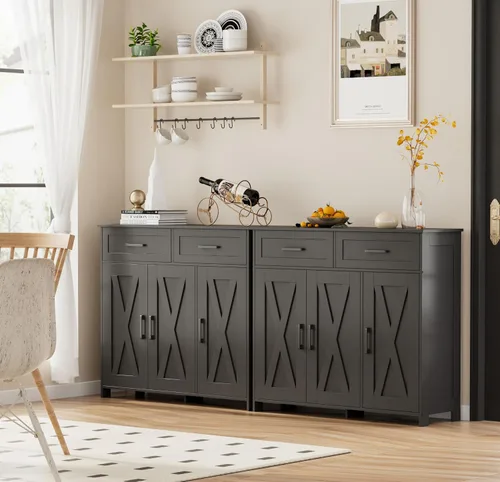 Miniatura 7 de Homhedy Aparador de buffet, gabinete de almacenamiento de barra de café con cajones y puertas, armario de cocina de granja con estantes ajustables