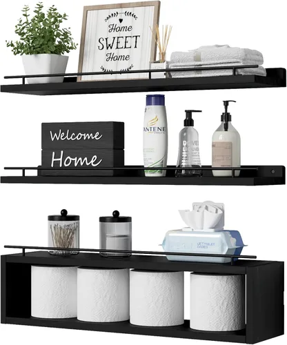 Miniatura 9 de WOPITUES Estantes flotantes para pared con estante de cubo, estantes de pared con riel de metal para decoración de baño, organizadores