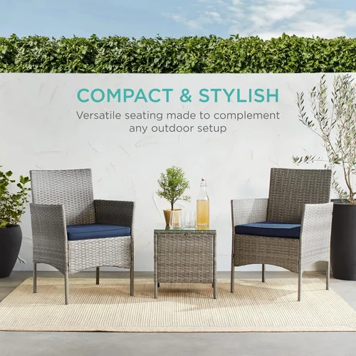 Miniatura 6 de Best Choice Products Juego de 3 piezas de mimbre para conversación al aire libre, muebles de patio que ahorran espacio para jardín con mesa