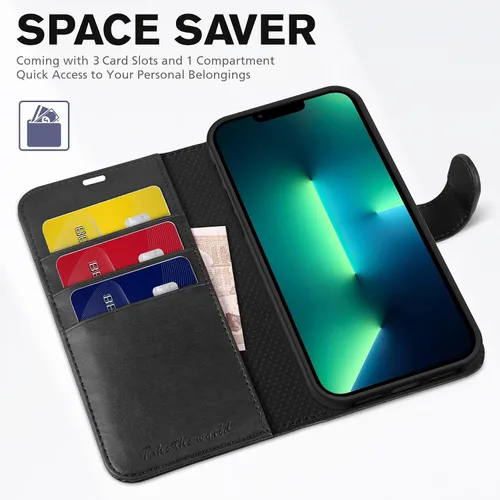 Miniatura 7 de TUCCH Funda tipo cartera para iPhone 13 Pro, tarjetero con bloqueo RFID, soporte magnético de piel sintética, funda protectora de poliuretano Negro
