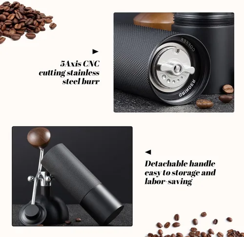 Miniatura 5 de Molinillo de café manual con capacidad de 0.88 oz, rebabas de acero inoxidable, mango de madera, molinillo de café para rebabas para el hogar, Negro