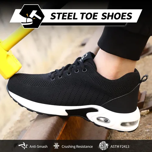 Miniatura 2 de GLANOUDUN Zapatos de punta de acero para hombre, zapatos de trabajo negros, zapatos de seguridad ligeros para hombres, zapatos de seguridad