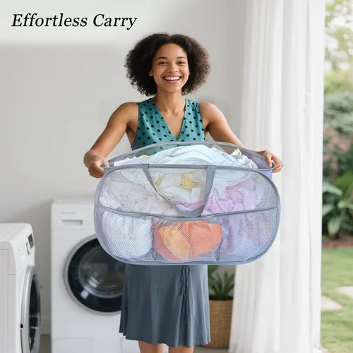 Miniatura 6 de Cestas plegables para la ropa sucia, paquete de 2 cestas de malla desplegable con asas, cesta portátil para escalera, cubo plegable para dormitorio