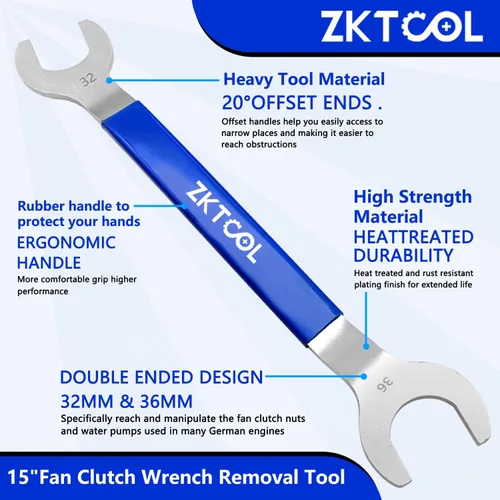Miniatura 5 de ZKTOOL Juego de llaves para acoplamiento de ventilación, llave de herramienta de ventilador de embrague de 32mm y 36mm, herramienta de remoción