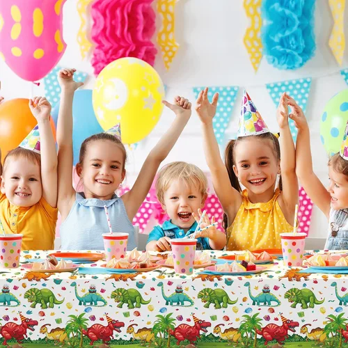 Miniatura 6 de Tegeme 1 mantel de plástico de dinosaurio para fiestas, 54 x 108 pulgadas, desechable, impermeable, con estampado de dinosaurios, para suministros