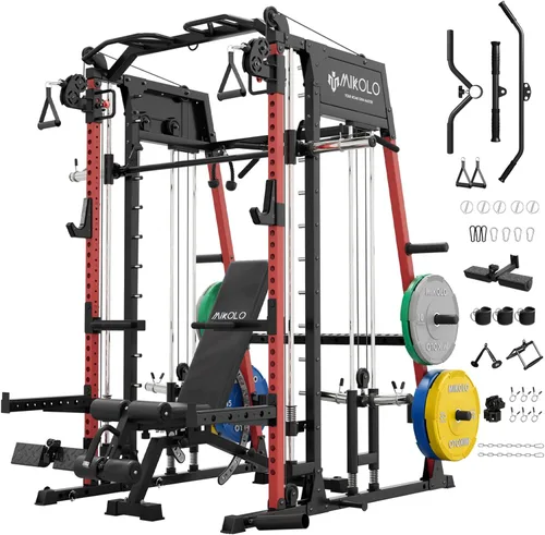 Miniatura 12 de Máquina de Smith Mikolo, banco de sentadillas de 2200lbs con sistema de tracción LAT y máquina de cruce de cables, equipo de entrenamiento con Rojo