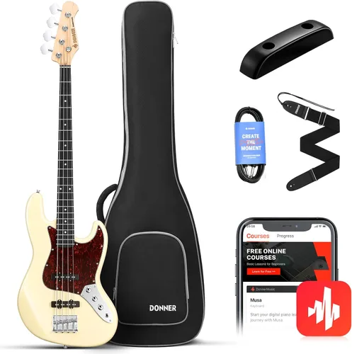 Miniatura 12 de Donner Guitarra eléctrica de bajo de 4 cuerdas tamaño completo estilo estándar PB para principiantes color negro para principiantes con lección