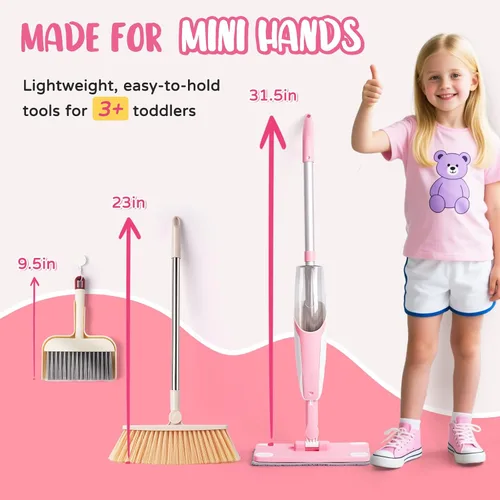Miniatura 2 de Juego de juguetes de limpieza para niños, mini trapeador de aerosol rosa, juguetes Montessori, herramienta de limpieza para niños pequeños